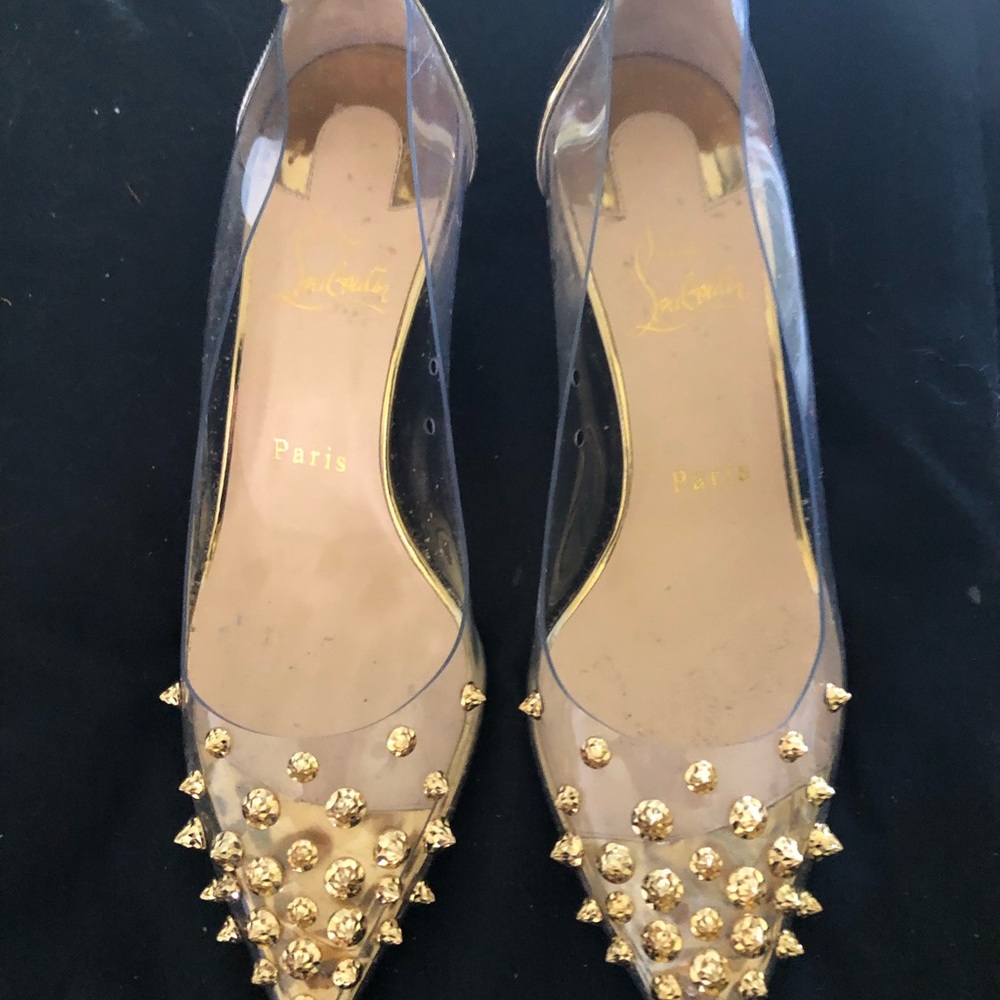 Christian Louboutin Collaclou 55 PVC gold patent leather with gold studs, Size 7